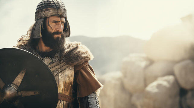 Portrait of a biblical warrior with a helmet and shield in the desert. Old testament concept.