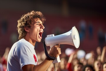 Showcase a young man using a megaphone to lead a cheer at a sporting event photo. Generative AI
