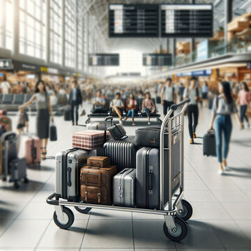 Busy Airport Terminal with Luggage Cart