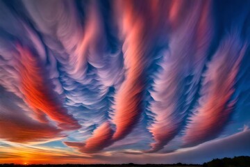 A breathtaking, multicolored cloud formation at dawn, casting a mesmerizing abstract pattern across the sky.