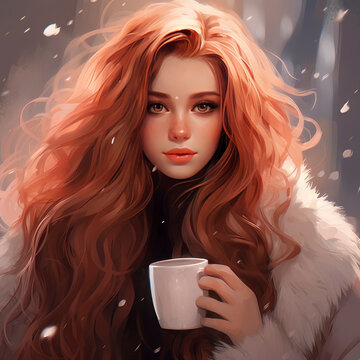 Coffee cup.Winter women with long red hair holding a cup of coffee