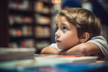 Curious little boy in book store. Child looking up on bookshelves background. Generate ai