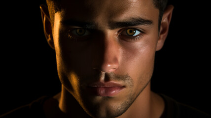 Headshot of an attractive, serious Caucasian student looking into the camera with a confident and thougthful expression on his face. Serious guy. Art photograph.