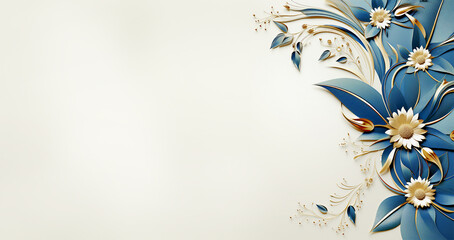 Floral border with blue and gold flowers and leaves ornament