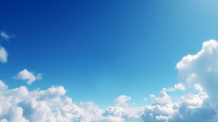 Blue and White Floating Sunlit Clouds in the Sky. Wide Scale Panoramic Generative AI Made Illustration with Copy Space