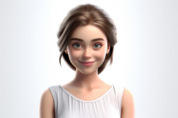 Fototapeta premium This 3D-rendered cartoon woman is beaming with joy in a stunning white evening dress, showcasing hyper-realistic features against a clean white background. Generative AI.