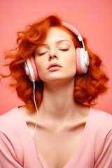 Woman with red hair wearing headphones and pink shirt.