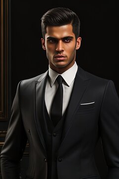 Elegant young handsome man in black suit. Studio fashion portrait.