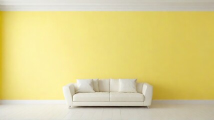 Interior of a yellow room with a white sofa and a yellow wall.