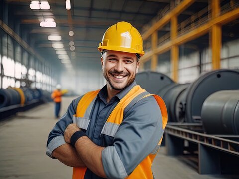 Portrait of a happy male worker standing with arms crossed in a factory.