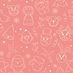 Sweet pink baby seamless pattern. Winter holiday background with Christmas elements. Funny New Year characters, snowflakes, crackers and angels. Baby girl print for textile, paper, packaging and desig