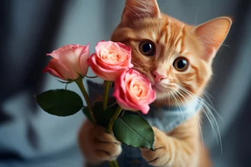 Foto op Plexiglas Cute domestic cat brought a flowers as a gift. Funny greeting card with animals © Darya Lavinskaya
