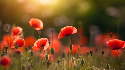 Poppy field against sunset background