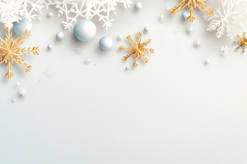 Merry Christmas and Happy New Year background with Christmas decorations on white background with copy space.	
