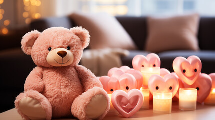 Cute pink teddy bear with flowers as a gift for Valentine's Day.
