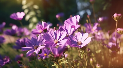Purple and violet flowers in sunlight.