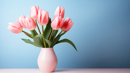 Flowers pink tulips are classic symbol of love on blue background.