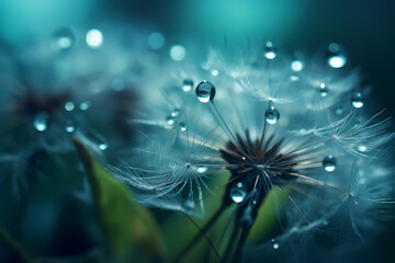 Dandelion Seeds in droplets of water on blue and turquoise beautiful background with soft focus in nature macro. Drops of dew sparkle on dandelion in rays of light