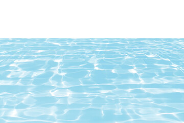 Defocus blurred transparent blue colored clear calm water surface texture with splashes reflection. Trendy abstract nature background. Water waves in sunlight with copy space. Blue watercolor shine.