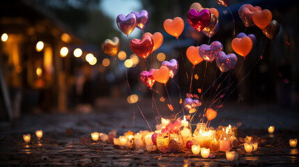 Spa still life with candles and heart decorated bokeh background.