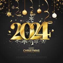2024 Happy New Year background with golden waves swirl with golden sparkles on black background. Abstract shiny color gold wave premium holiday design element