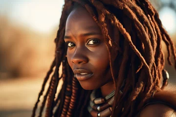Fotobehang Cute African woman tribe with dreadlocks. Tribal aboriginal female portrait with native wild culture. Generate ai © nsit0108