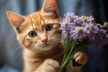 Cute domestic cat brought a flowers as a gift. Funny greeting card with animals
