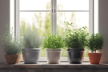 Different aromatic potted herbs on windowsill indoors