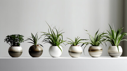 Fototapeta premium Plants in marble flower pots in the interior on white table