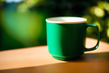 A green mug. Serene Escapes. The Green Oasis Mug. Generative AI