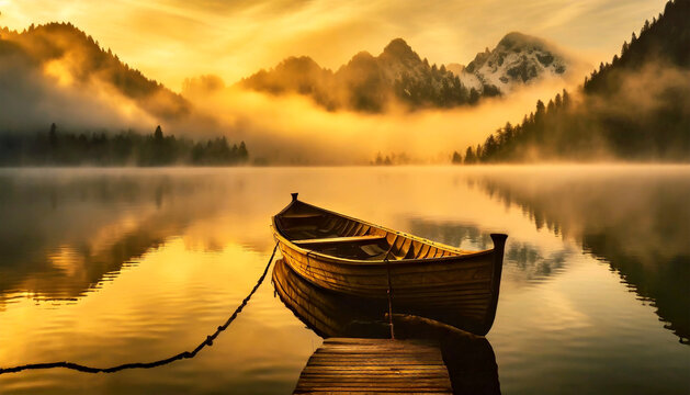 Small wooden rowboat docked with ropes to a wooden pier along the shore of a beautiful mountain lake at sunrise or sunset, snow capped mountain peaks in the background.