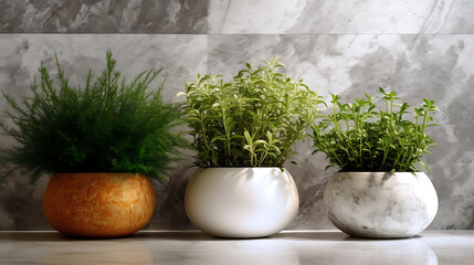 Plants in marble flower pots in the interior on white table