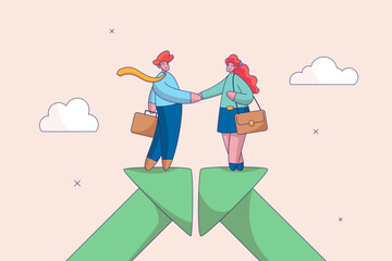Cooperation partnership concept. Team collaboration, work together for success, agreement or negotiatio. Businessmen handshake on growth arrow joining connection agree to work together. Flat vector.