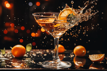 Glass with alcohol cocktail citrus fruit slices in a splash on a dark background, summer fresh drink concept - obrazy, fototapety, plakaty