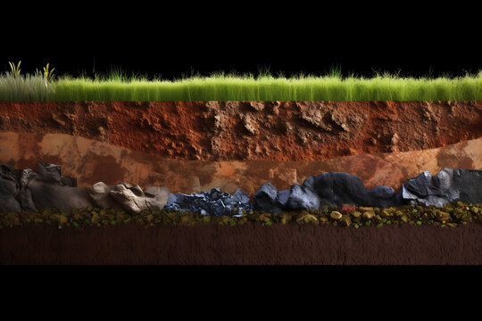 Different soil layers under earth surface level with sand, clay, grass, stone, gravel.