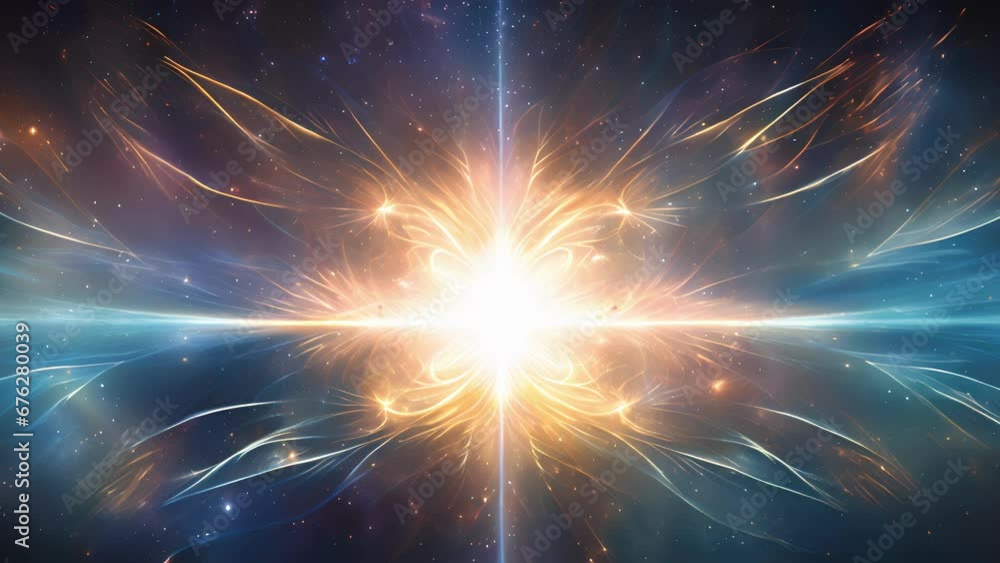 Poster seven streams of shimmering galactic energy flow from an ancient artefact in the centre of an arcane