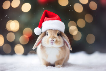 Cute fluffy rabbit in a red Santa's hat. Generative AI