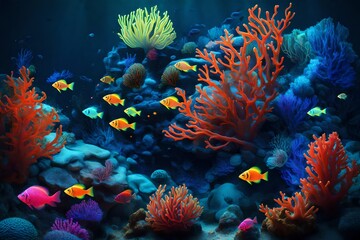Fototapeta na wymiar A neon underwater world with abstract coral reefs and liquid fish in a dance of colors