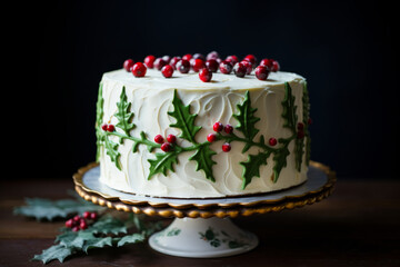 Obraz na płótnie Canvas Festive Christmas cake adorned with edible holly leaves and berries. Generative AI