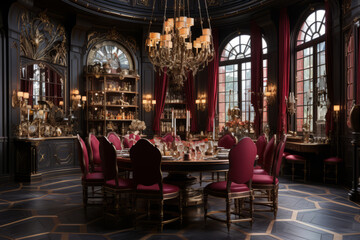Fototapeta na wymiar Luxurious and opulent dining room with marble dining table, chairs and chandelier hangs from the ceiling. Generative AI