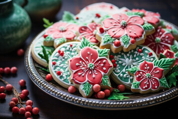 Obraz na płótnie Canvas Winter berries sugar cookies with red and green icing. Delicious gingerbread Christmas cookies. Generative AI