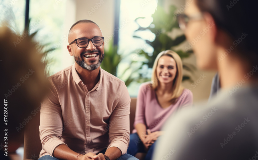 Wall mural Group psychological therapy people, talking in a group of people smiling interlocutors