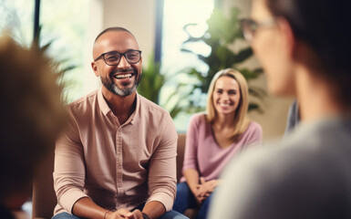 Group psychological therapy people, talking in a group of people smiling interlocutors