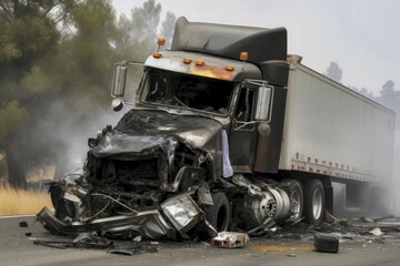 Devastating truck collision on road. Transport smash risk danger help. Generate Ai - obrazy, fototapety, plakaty