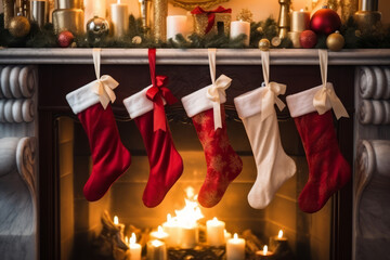 White and red stockings hanging by the fireplace. Fireplace with socks on Christmas eve. Generative AI