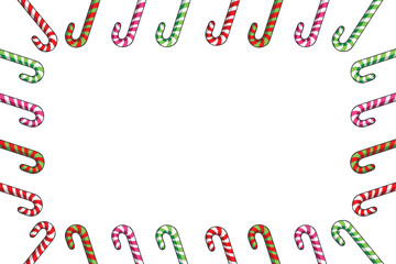 Vector Hand Drawn Colorful Candy Canes Banner Isolated Candy Canes Christmas Frame Template for Card Postcard or Banner Designs Top View Line Colored Lollipop illustration Isolated on Transparent