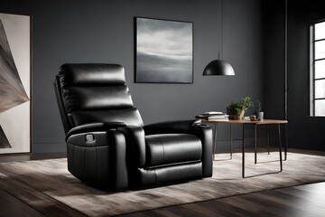 Black leather recliner with built-in tech features against a minimalist backdrop.