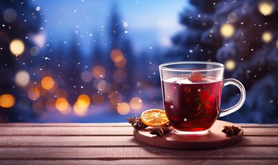 Obraz premium A festive glass on table top with a blurred outdoor winter scene and Christmas market bokeh lights