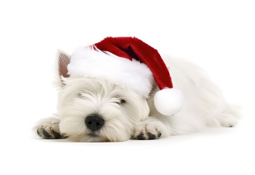 Dog Christmas hat white background, generative ai.