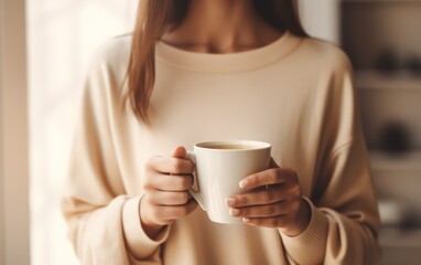 Closeup of female hands with a mug of beverage. Beautiful girl in beige sweater holding cup of tea or coffee in the morning sunlight. Mug for your design. Empty.